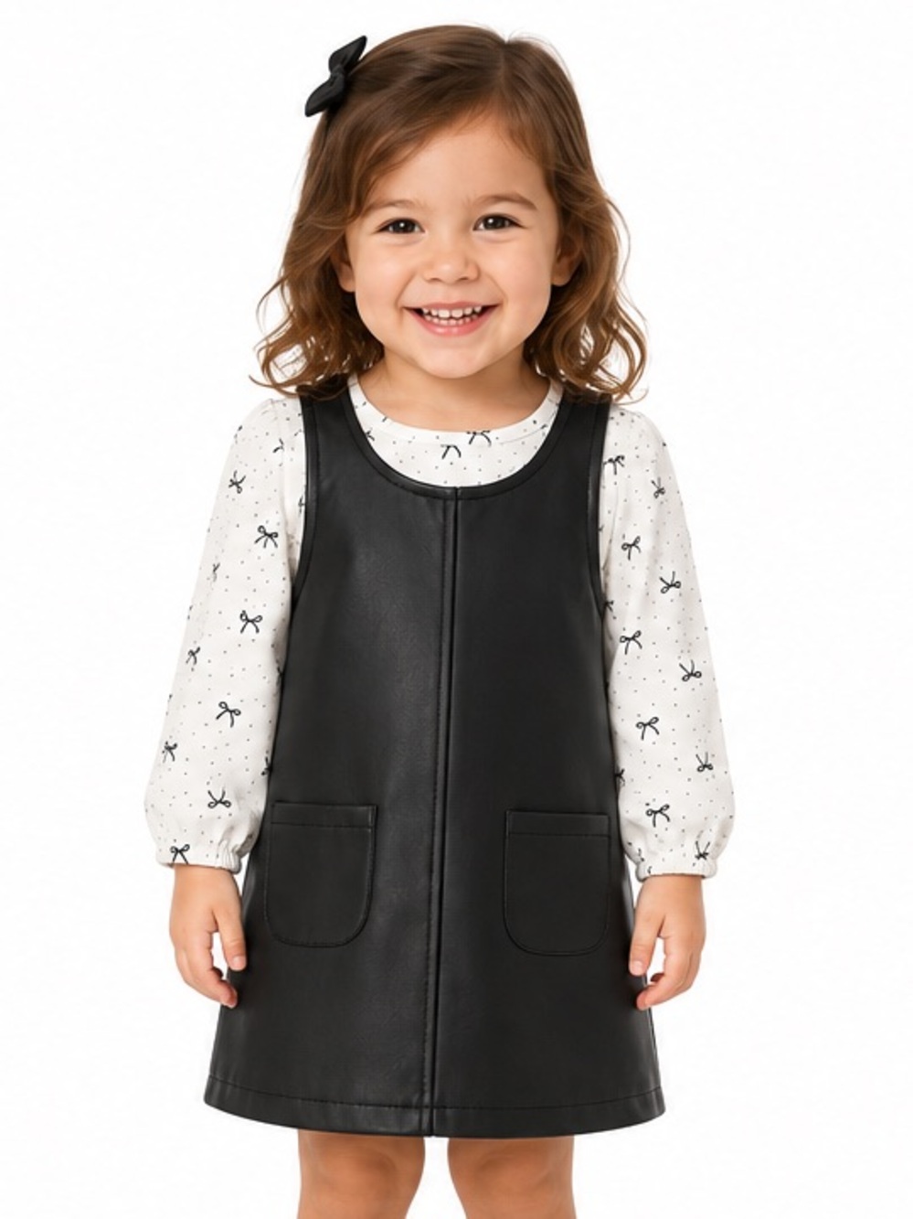 NEW - Rachel Zoe Girls Black Faux Leather Jumper Dress & Bow Top Size 3T
